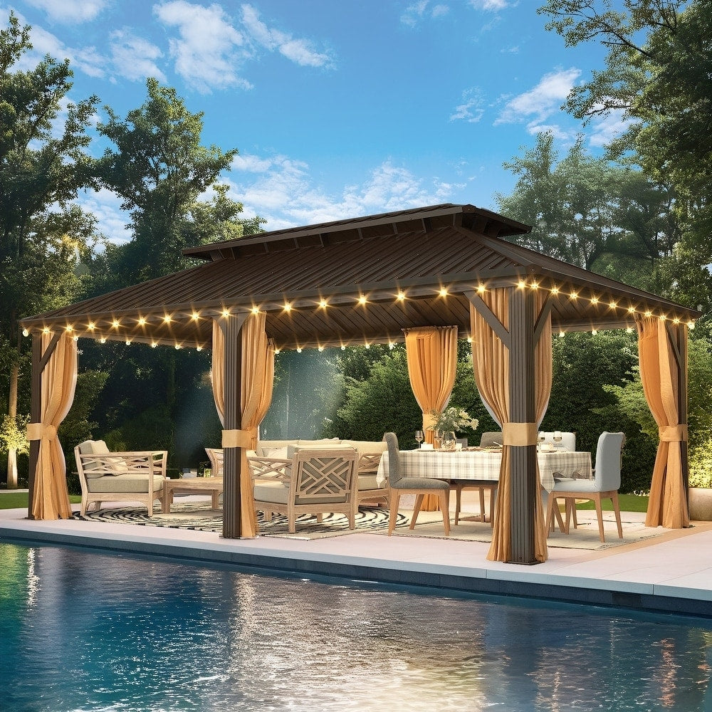 Tonnelle d'extérieur à toit rigide avec double toit en acier galvanisé et cadre en aluminium, pergola extérieure avec rideaux et filets haut de gamme