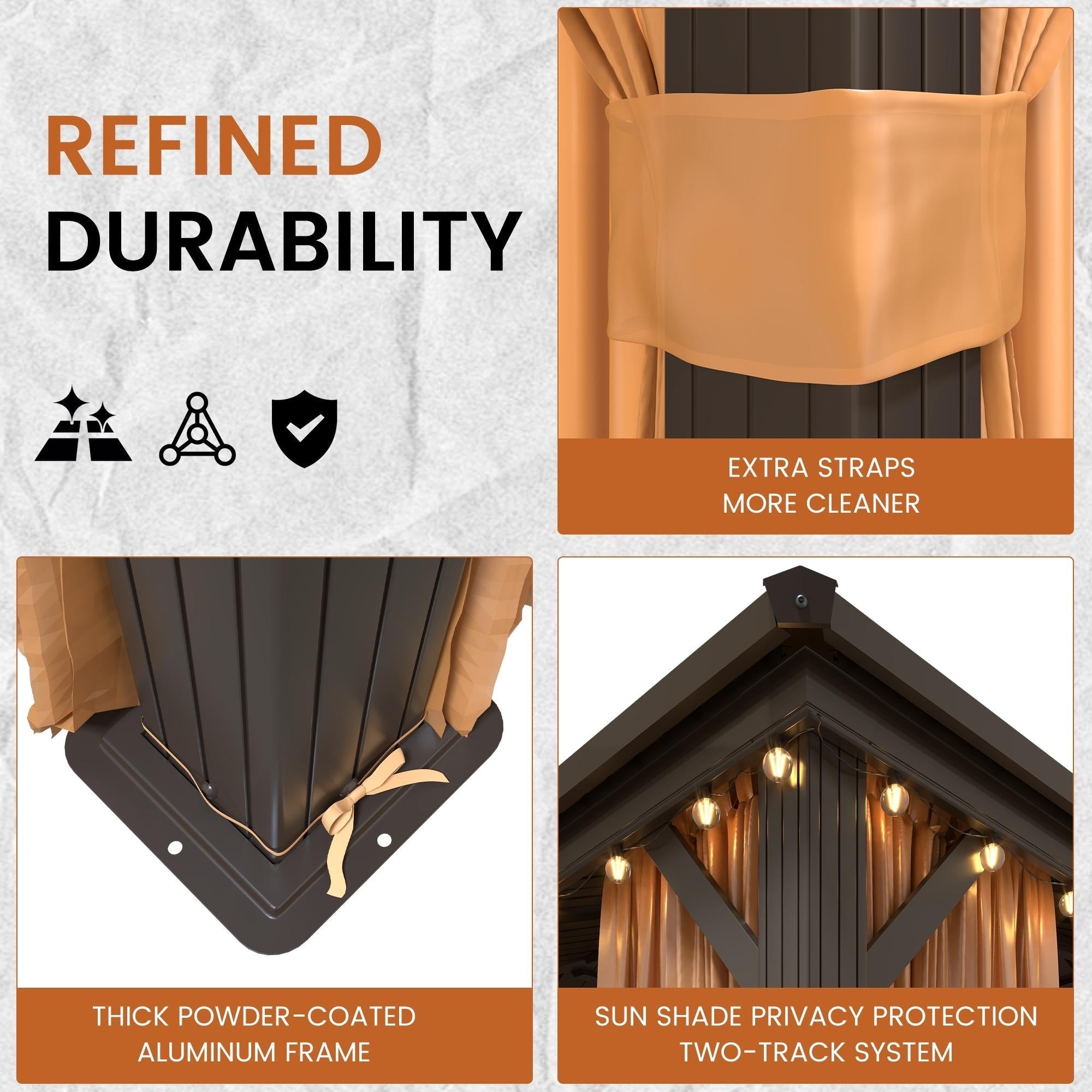 Tonnelle d'extérieur à toit rigide avec double toit en acier galvanisé et cadre en aluminium, pergola extérieure avec rideaux et filets haut de gamme