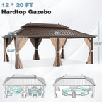 Tonnelle d'extérieur à toit rigide avec double toit en acier galvanisé et cadre en aluminium, pergola extérieure avec rideaux et filets haut de gamme