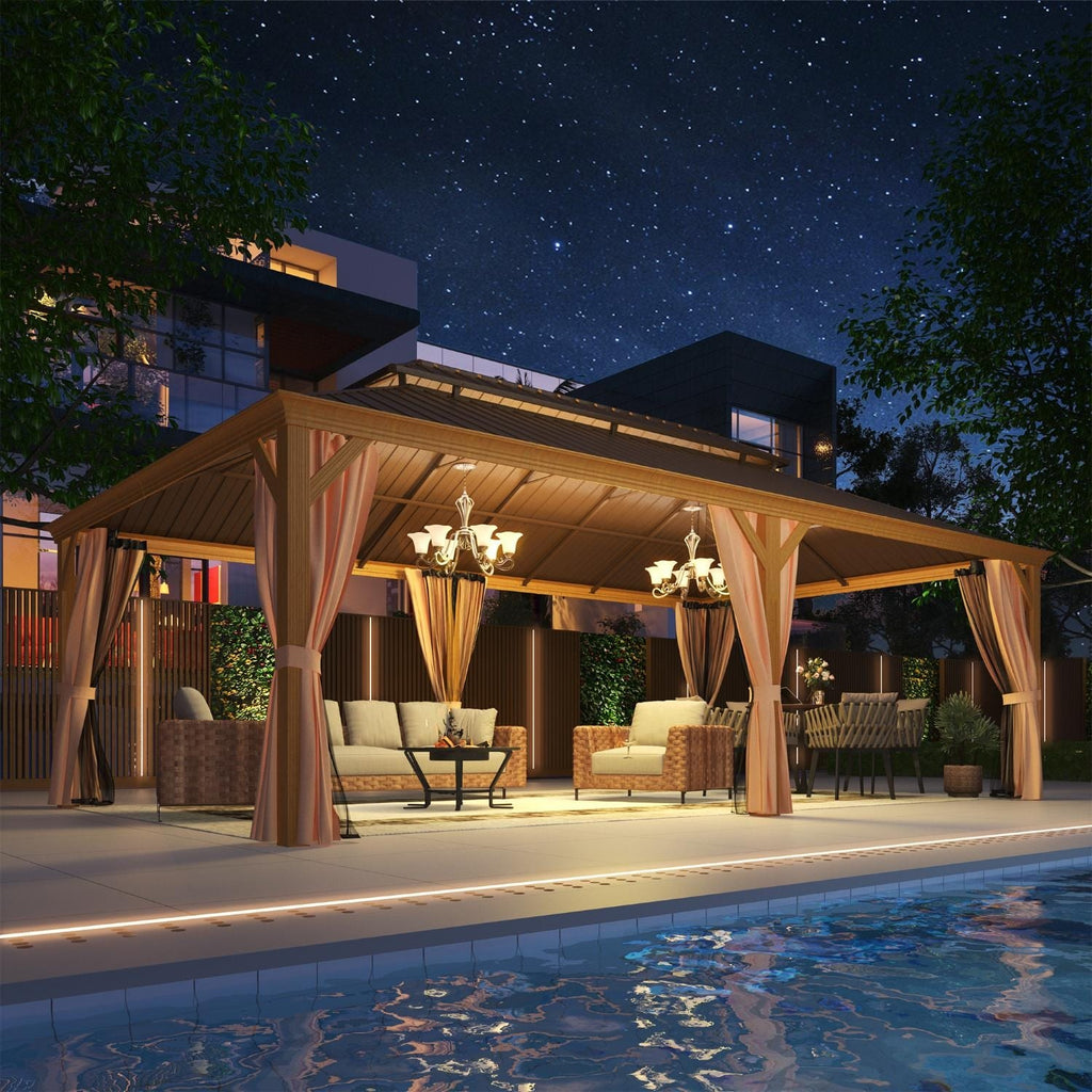 Tonnelle d'extérieur à toit rigide avec double toit en acier galvanisé et cadre en aluminium, pergola extérieure avec rideaux et filets haut de gamme