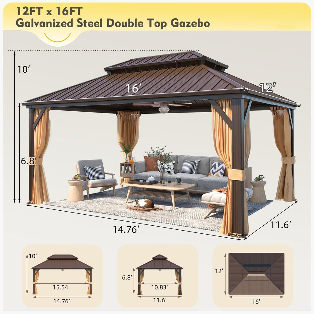 Tonnelle d'extérieur à toit rigide avec double toit en acier galvanisé et cadre en aluminium, pergola extérieure avec rideaux et filets haut de gamme