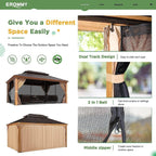 Tonnelle d'extérieur à toit rigide avec double toit en acier galvanisé et cadre en aluminium, pergola extérieure avec rideaux et filets haut de gamme