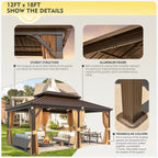 Tonnelle d'extérieur à toit rigide avec double toit en acier galvanisé et cadre en aluminium, pergola extérieure avec rideaux et filets haut de gamme