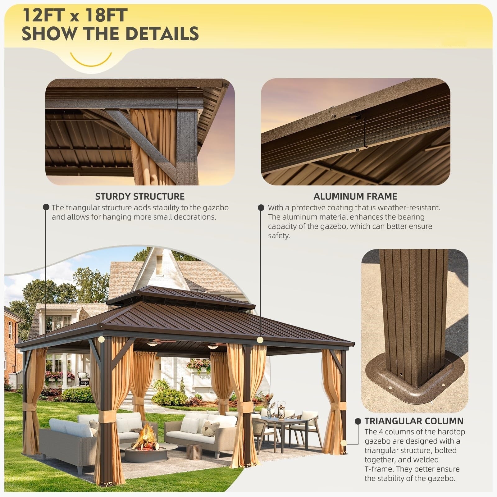 Tonnelle d'extérieur à toit rigide avec double toit en acier galvanisé et cadre en aluminium, pergola extérieure avec rideaux et filets haut de gamme
