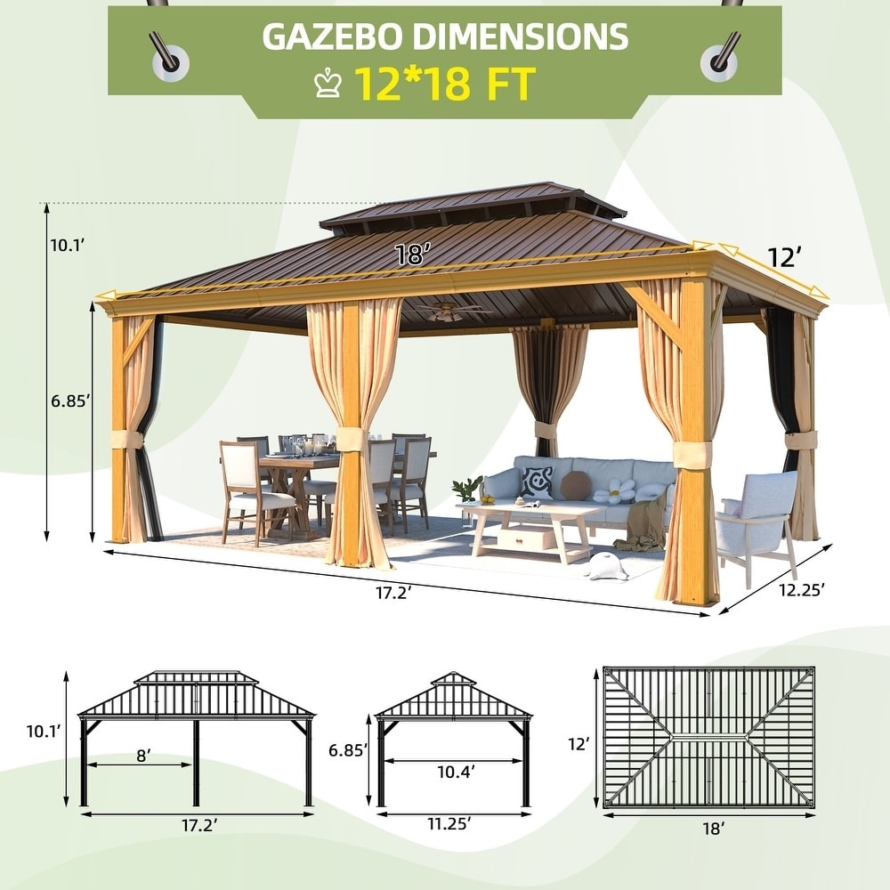 Tonnelle d'extérieur à toit rigide avec double toit en acier galvanisé et cadre en aluminium, pergola extérieure avec rideaux et filets haut de gamme