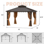 Tonnelle d'extérieur à toit rigide avec double toit en acier galvanisé et cadre en aluminium, pergola extérieure avec rideaux et filets haut de gamme