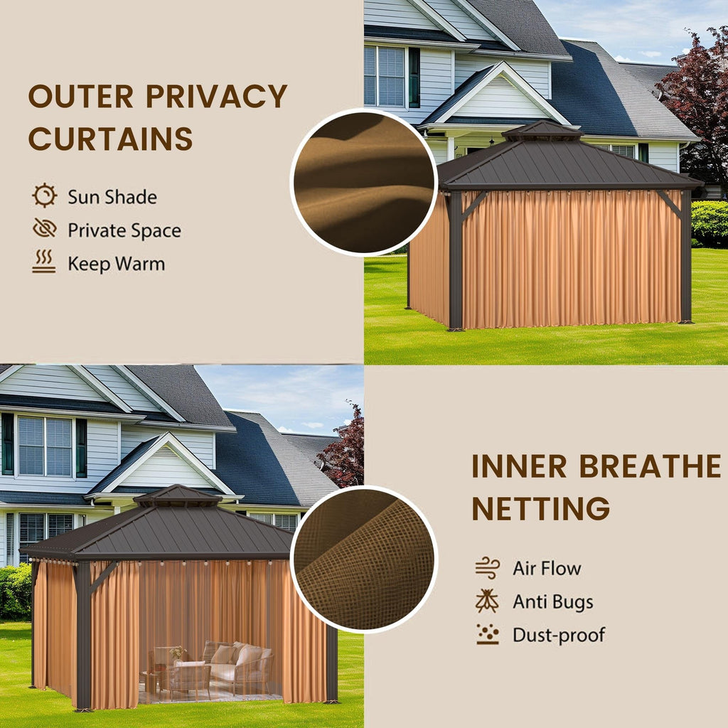 Tonnelle d'extérieur à toit rigide avec double toit en acier galvanisé et cadre en aluminium, pergola extérieure avec rideaux et filets haut de gamme