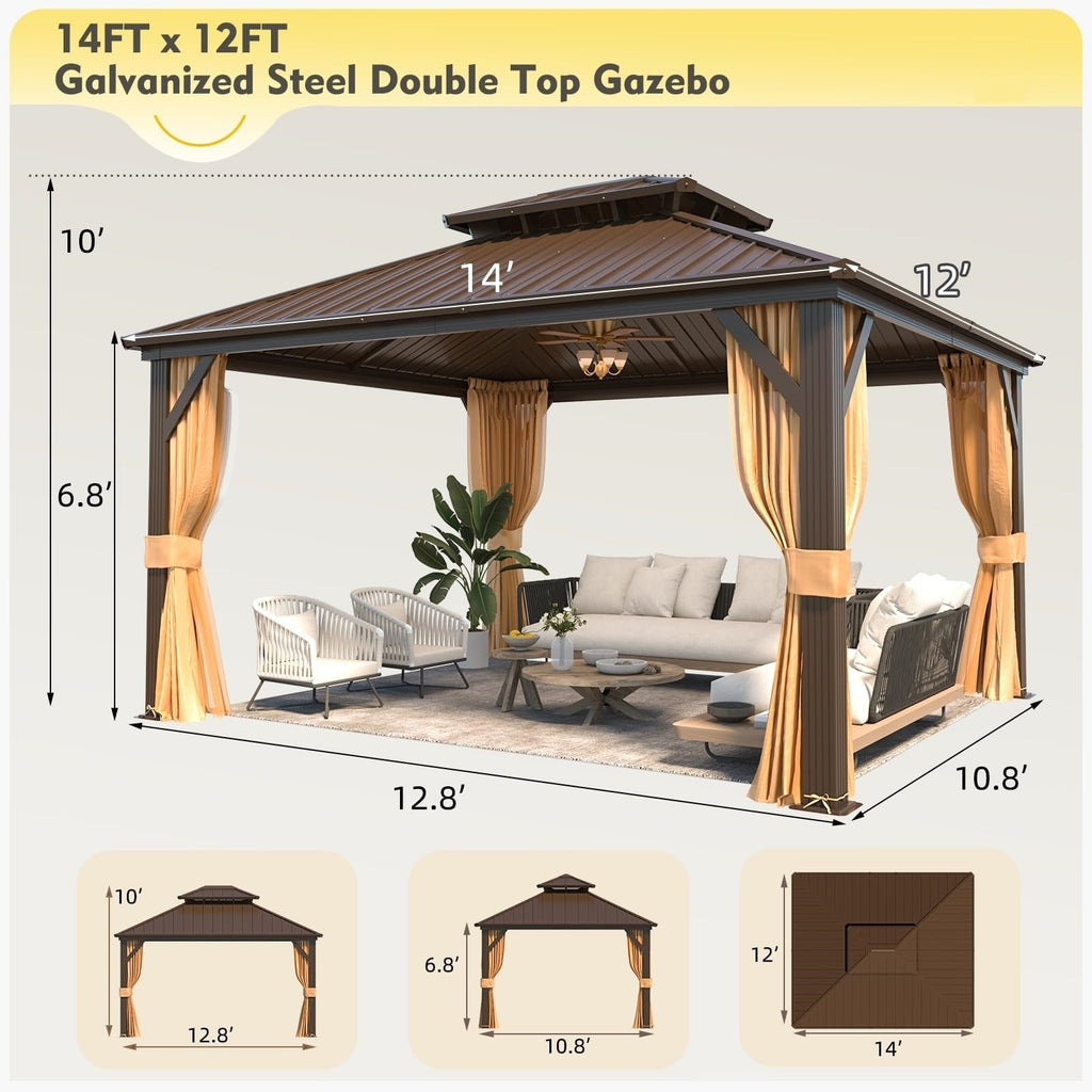 Tonnelle d'extérieur à toit rigide avec double toit en acier galvanisé et cadre en aluminium, pergola extérieure avec rideaux et filets haut de gamme