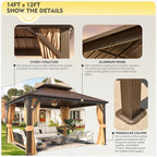 Tonnelle d'extérieur à toit rigide avec double toit en acier galvanisé et cadre en aluminium, pergola extérieure avec rideaux et filets haut de gamme