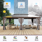 Tonnelle d'extérieur à toit rigide avec double toit en acier galvanisé et cadre en aluminium, pergola extérieure avec rideaux et filets haut de gamme