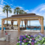 Tonnelle d'extérieur à toit rigide avec double toit en acier galvanisé et cadre en aluminium, pergola extérieure avec rideaux et filets haut de gamme