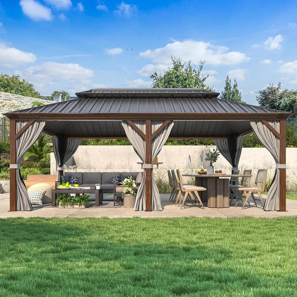 Tonnelle d'extérieur à toit rigide avec double toit en acier galvanisé et cadre en aluminium, pergola extérieure avec rideaux et filets haut de gamme