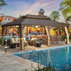 Tonnelle d'extérieur à toit rigide avec double toit en acier galvanisé et cadre en aluminium, pergola extérieure avec rideaux et filets haut de gamme