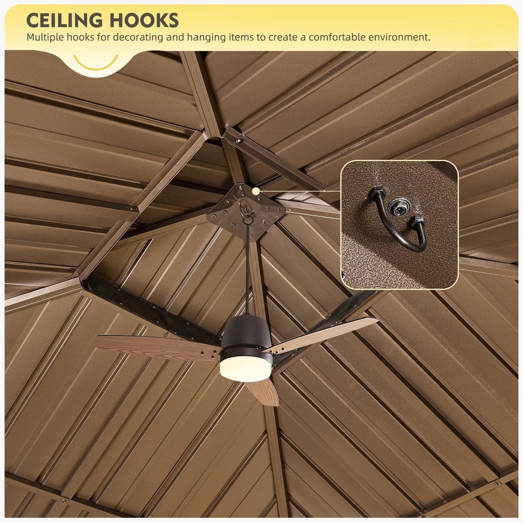 Tonnelle d'extérieur à toit rigide avec double toit en acier galvanisé et cadre en aluminium, pergola extérieure avec rideaux et filets haut de gamme