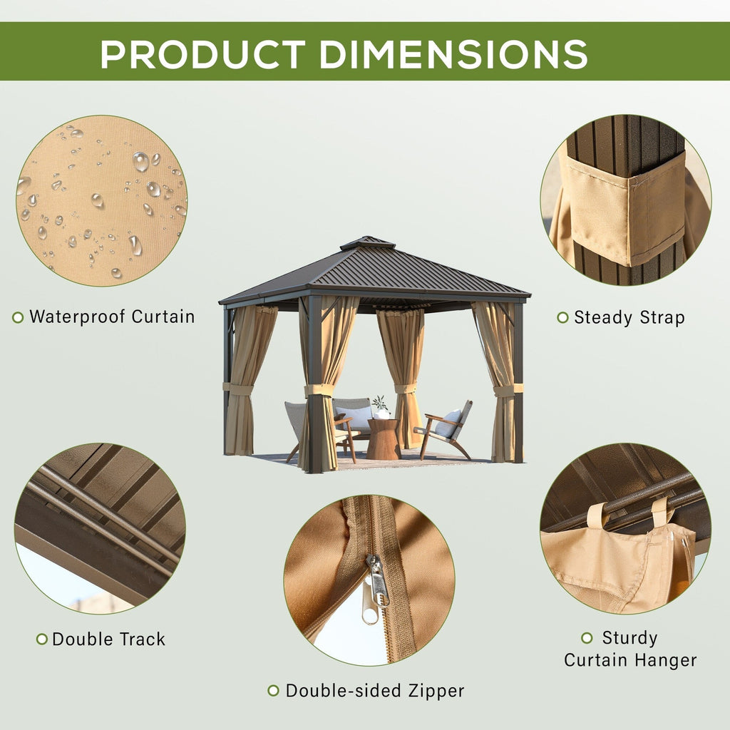 Tonnelle d'extérieur à toit rigide avec double toit en acier galvanisé et cadre en aluminium, pergola extérieure avec rideaux et filets haut de gamme