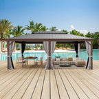 Tonnelle d'extérieur à toit rigide avec double toit en acier galvanisé et cadre en aluminium, pergola extérieure avec rideaux et filets haut de gamme