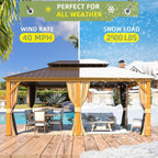 Tonnelle d'extérieur à toit rigide avec double toit en acier galvanisé et cadre en aluminium, pergola extérieure avec rideaux et filets haut de gamme