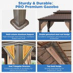 Tonnelle d'extérieur à toit rigide avec double toit en acier galvanisé et cadre en aluminium, pergola extérieure avec rideaux et filets haut de gamme