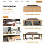 Tonnelle d'extérieur à toit rigide avec double toit en acier galvanisé et cadre en aluminium, pergola extérieure avec rideaux et filets haut de gamme