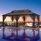 Tonnelle d'extérieur à toit rigide avec double toit en acier galvanisé et cadre en aluminium, pergola extérieure avec rideaux et filets haut de gamme