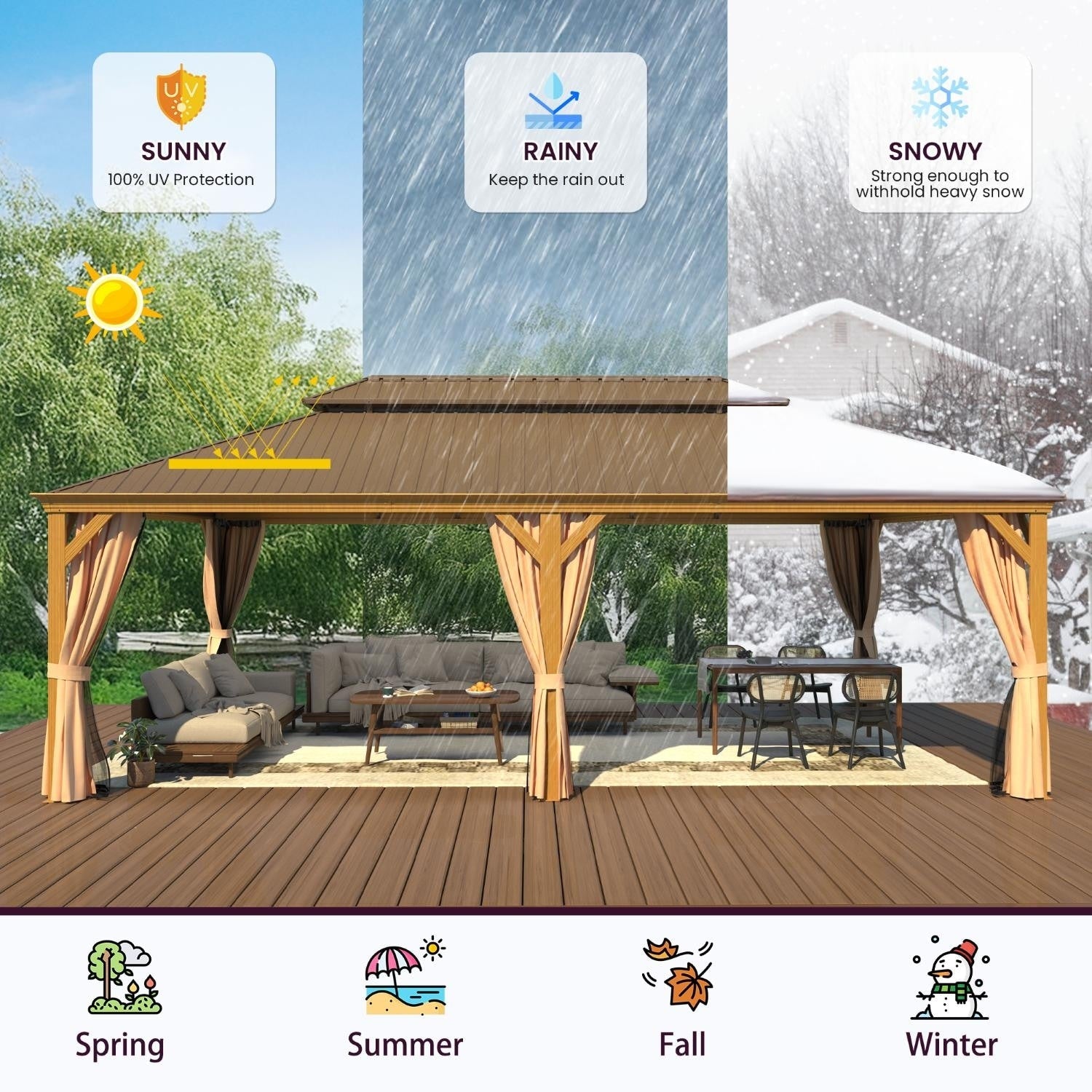 Tonnelle d'extérieur à toit rigide avec double toit en acier galvanisé et cadre en aluminium, pergola extérieure avec rideaux et filets haut de gamme