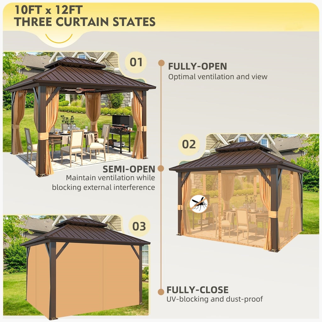 Tonnelle d'extérieur à toit rigide avec double toit en acier galvanisé et cadre en aluminium, pergola extérieure avec rideaux et filets haut de gamme