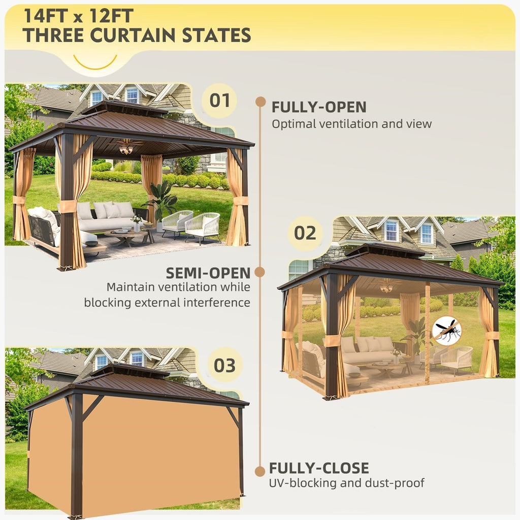 Tonnelle d'extérieur à toit rigide avec double toit en acier galvanisé et cadre en aluminium, pergola extérieure avec rideaux et filets haut de gamme
