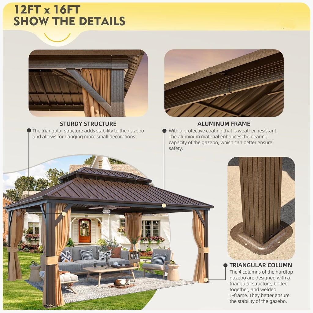 Tonnelle d'extérieur à toit rigide avec double toit en acier galvanisé et cadre en aluminium, pergola extérieure avec rideaux et filets haut de gamme