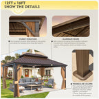 Tonnelle d'extérieur à toit rigide avec double toit en acier galvanisé et cadre en aluminium, pergola extérieure avec rideaux et filets haut de gamme