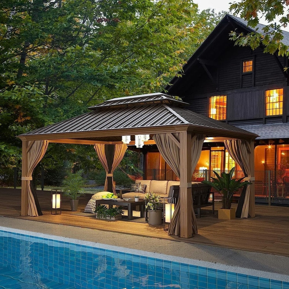 Tonnelle d'extérieur à toit rigide avec double toit en acier galvanisé et cadre en aluminium, pergola extérieure avec rideaux et filets haut de gamme