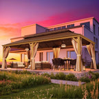 Tonnelle d'extérieur à toit rigide avec double toit en acier galvanisé et cadre en aluminium, pergola extérieure avec rideaux et filets haut de gamme