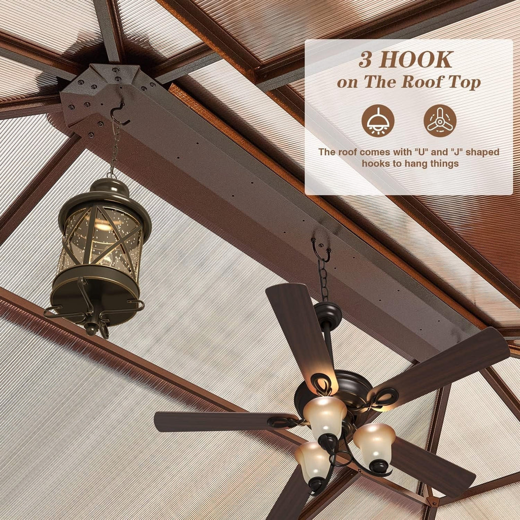 Tonnelle à toit rigide pour jardin – Pergola permanente avec filet, rideaux et double toit, abri extérieur toutes saisons