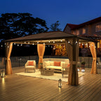 Tonnelle à toit rigide pour jardin – Pergola permanente avec filet, rideaux et double toit, abri extérieur toutes saisons