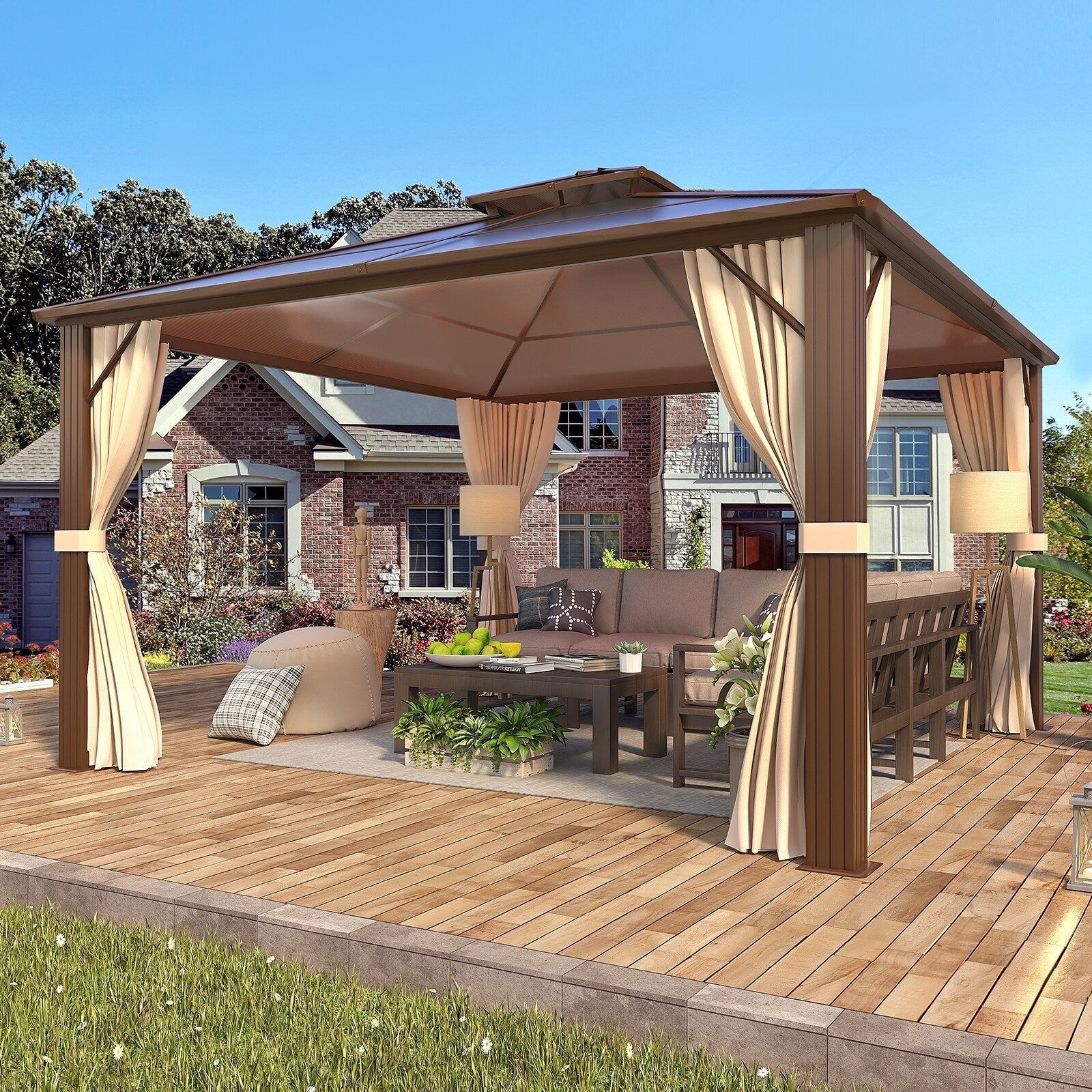 Tonnelle à toit rigide pour jardin – Pergola permanente avec filet, rideaux et double toit, abri extérieur toutes saisons