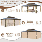 Tonnelle à toit rigide pour jardin – Pergola permanente avec filet, rideaux et double toit, abri extérieur toutes saisons