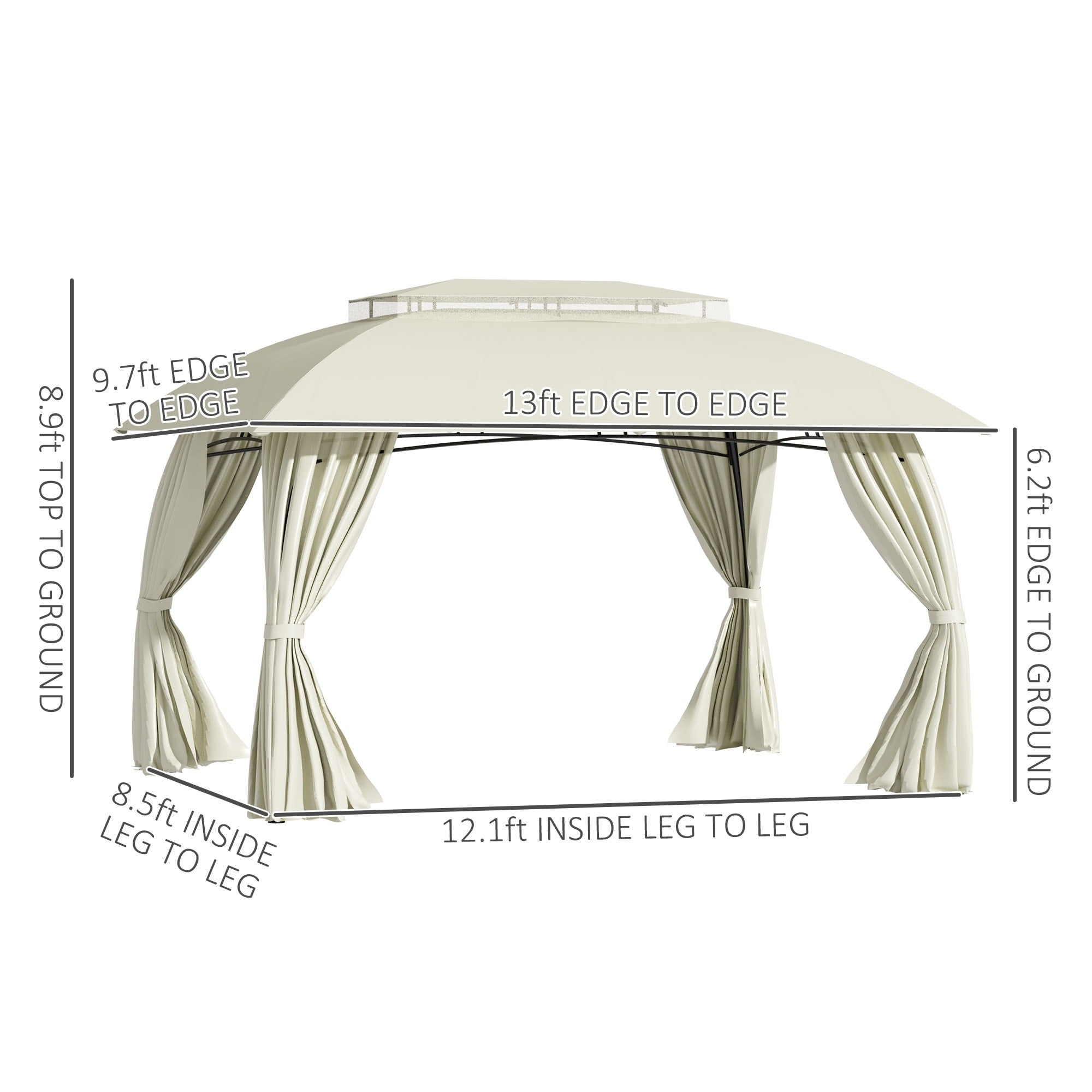 Gazebo de terrasse Outsunny 10' x 13', abri d'extérieur avec parois latérales, toit à double ventilation et structure en acier