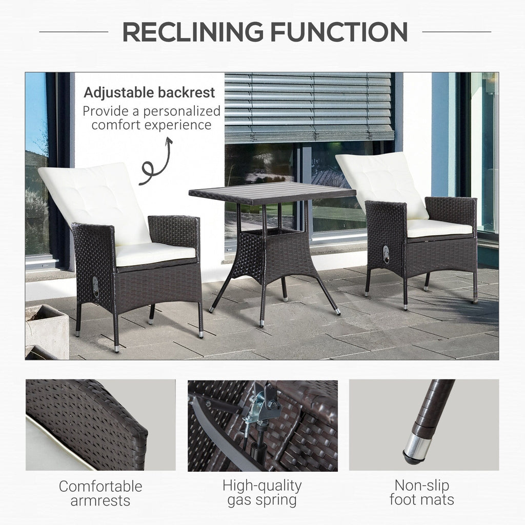 Ensemble de 3 canapés de patio Outsunny en rotin synthétique, chaises inclinables d'extérieur, table basse avec plateau en plastique grain de bois