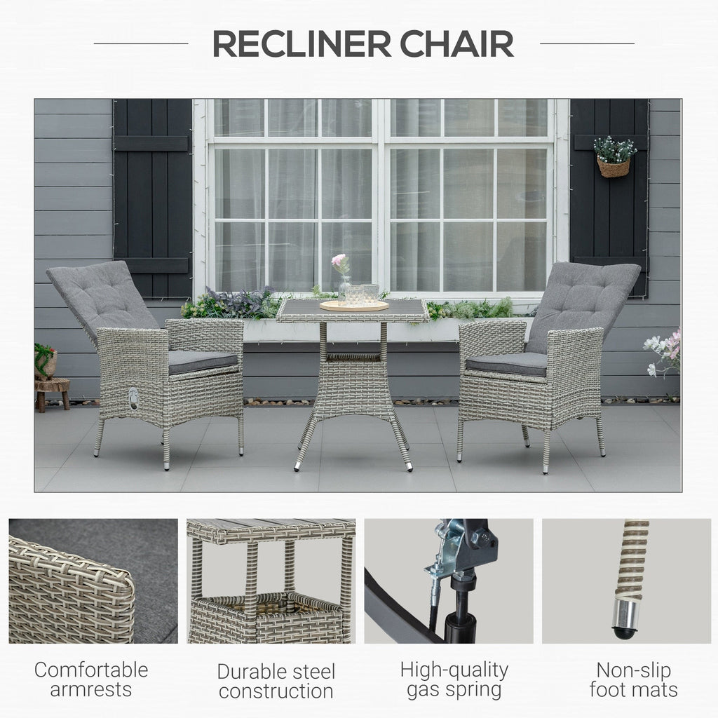 Ensemble de 3 canapés de patio Outsunny en rotin synthétique, chaises inclinables d'extérieur, table basse avec plateau en plastique grain de bois