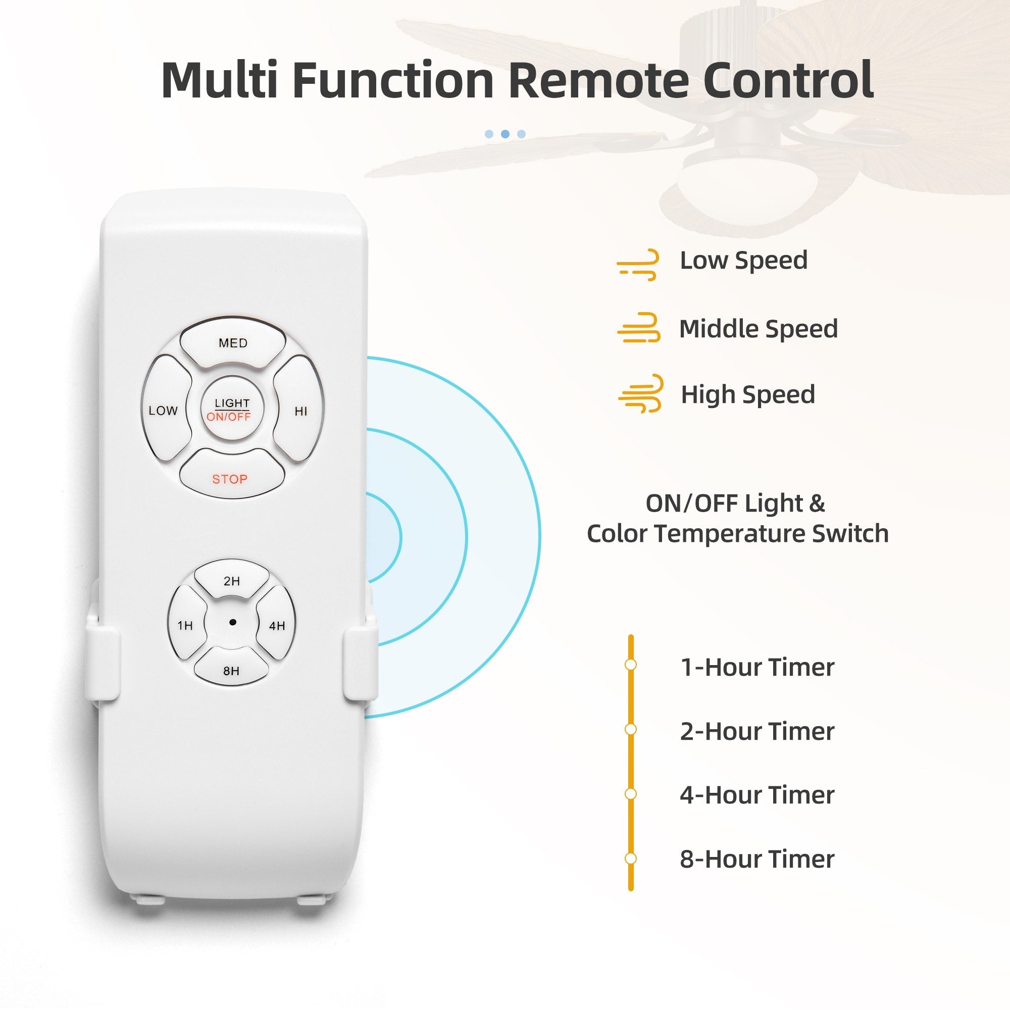 Ventilateur de plafond Moasis 52 Palm Leaf avec lumière de style tropical et télécommande