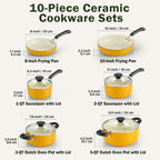 Ensemble de casseroles et poêles antiadhésives, batterie de cuisine en céramique 10 pièces, ensemble de cuisson antiadhésif avec casseroles