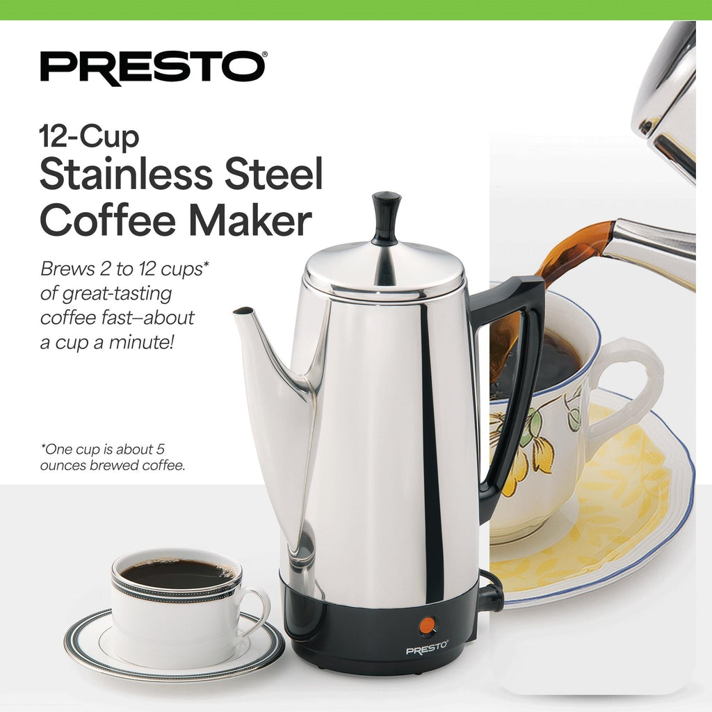 Cafetière Presto en acier inoxydable, percolateur robuste 12 tasses, argent - 2,79