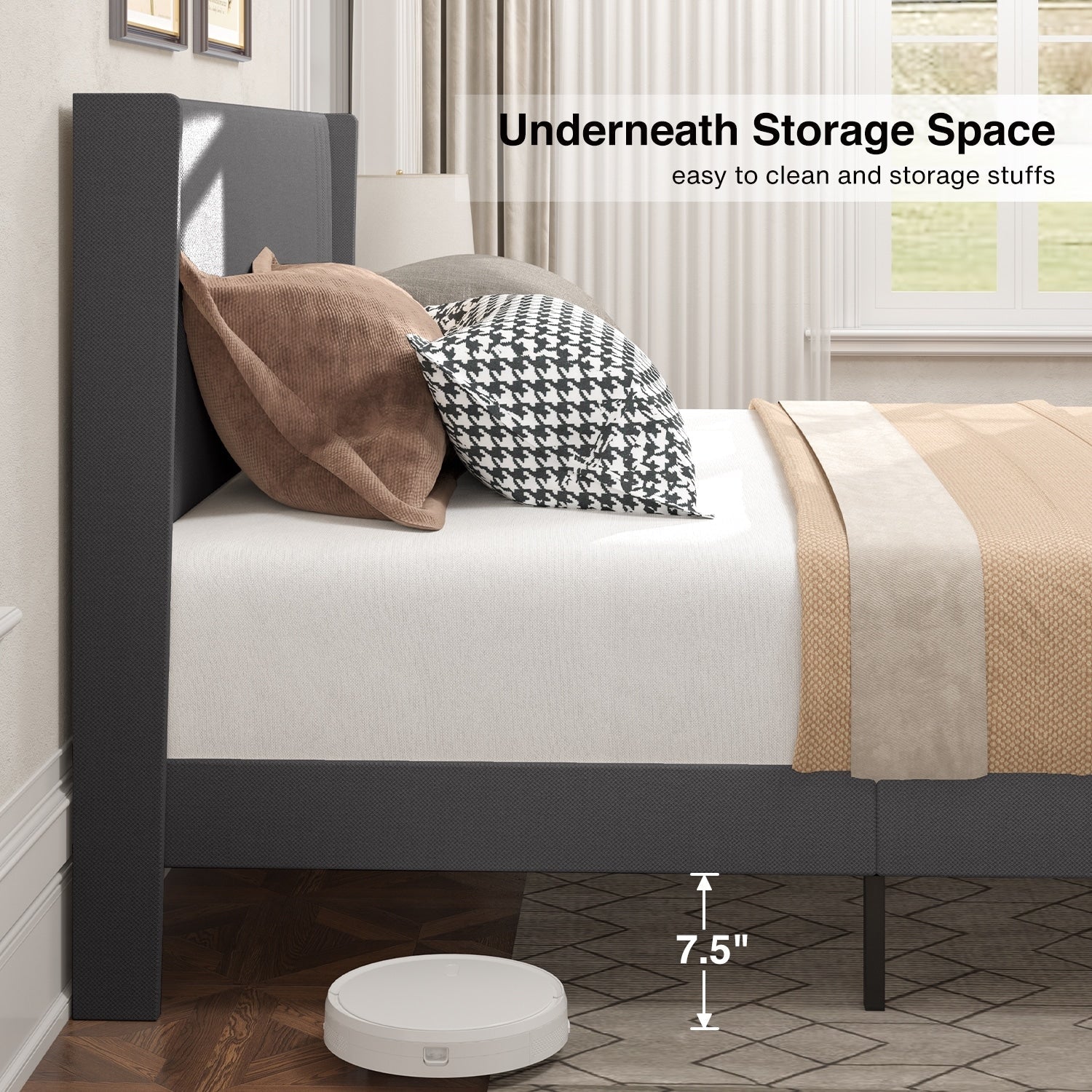 Lit Queen/Full rembourré à canaux verticaux avec tête de lit à oreilles