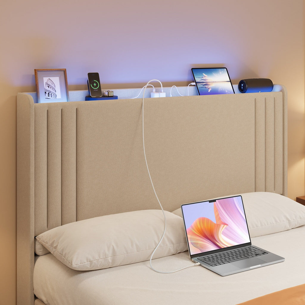 Lit Queen/Full rembourré à canaux verticaux avec tête de lit à oreilles