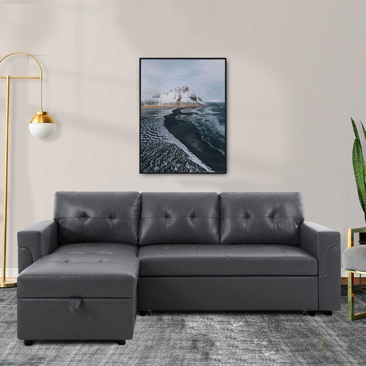 Canapé sectionnel convertible réversible avec lit gigogne, méridienne avec rangement dissimulé et pieds robustes