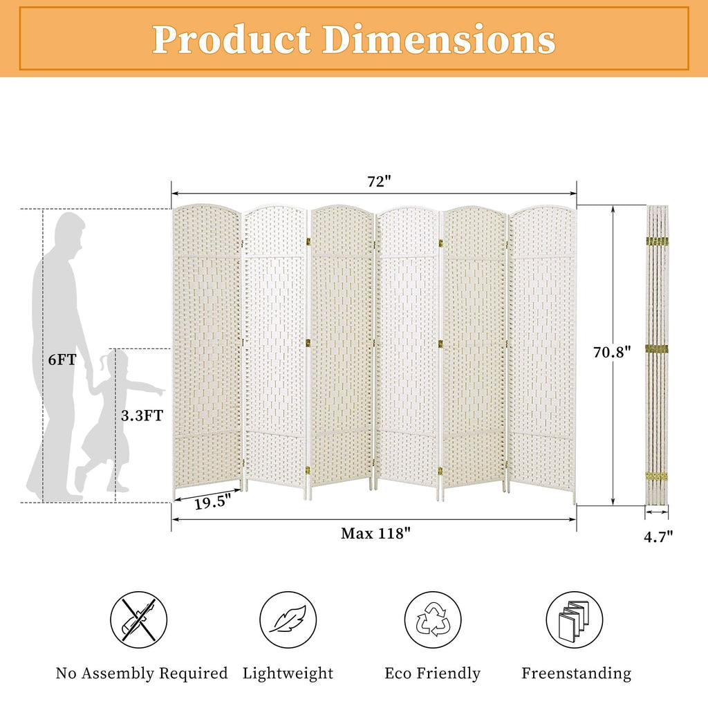 Paravent de séparation de pièce de 6 pieds de haut en fibre tissée, écran de confidentialité autoportant, écran pliant