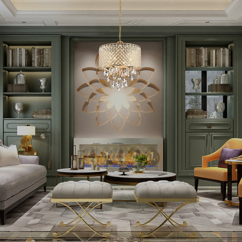 Lustre tambour à perles rondes avec cristaux suspendus