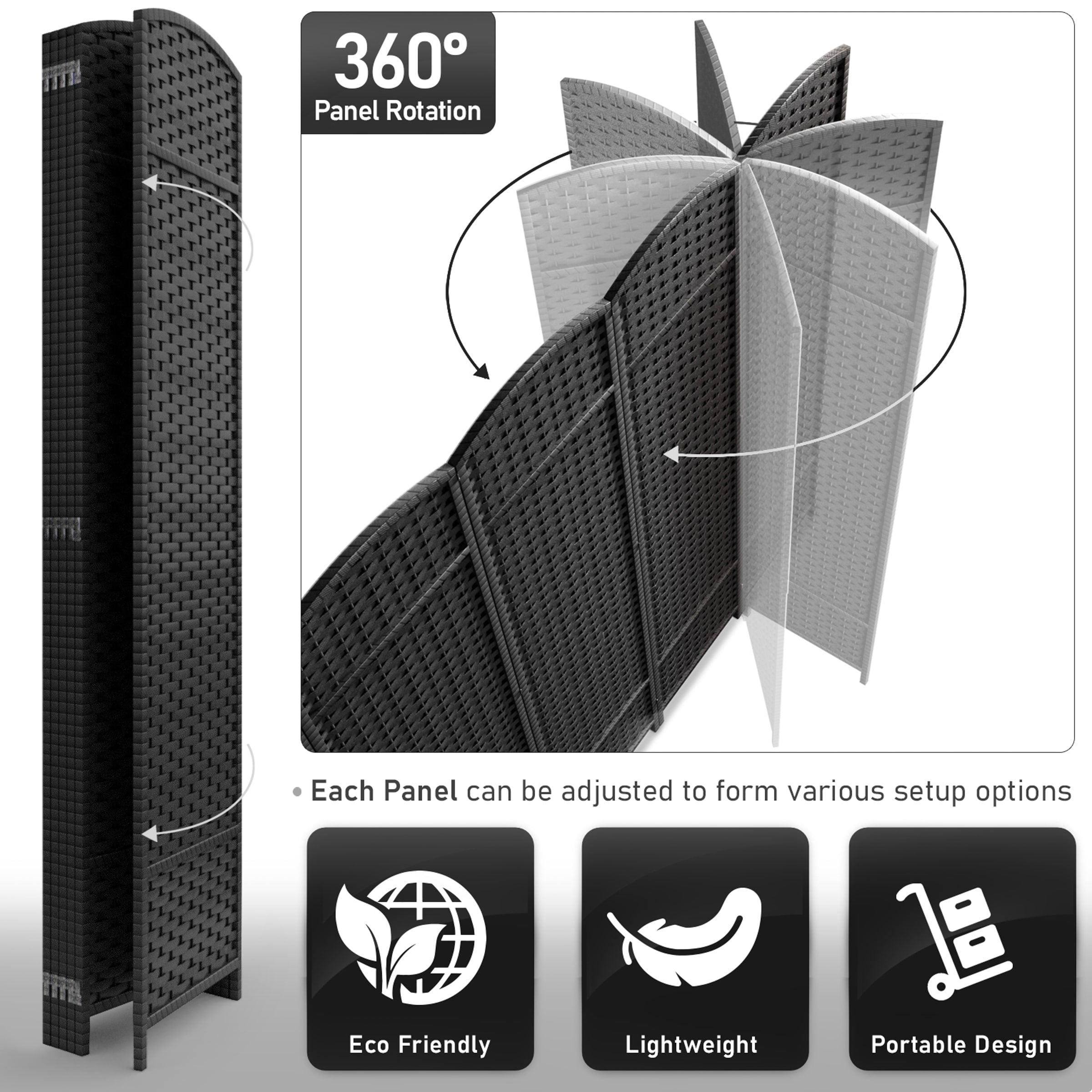 Séparateur de pièce Sorbus à 6 panneaux, cloison de séparation extra large et pliable, tissé à la main, à double charnière, en maille - 1,8 m