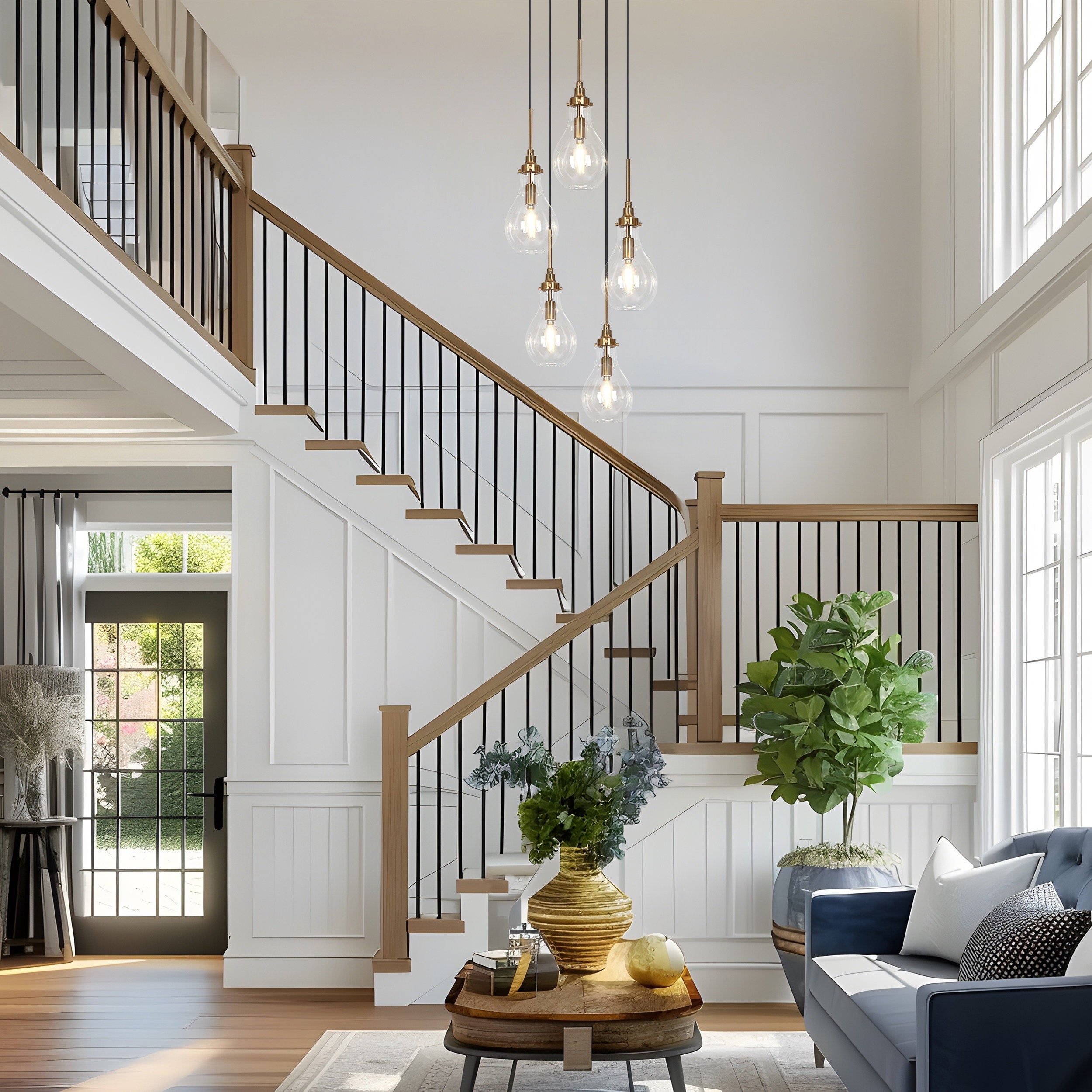 Synia Lustre moderne à 5 lumières en forme de larme en verre pour escalier, entrée, haut plafond - 38,1 cm x 46,2 à 189,9 cm