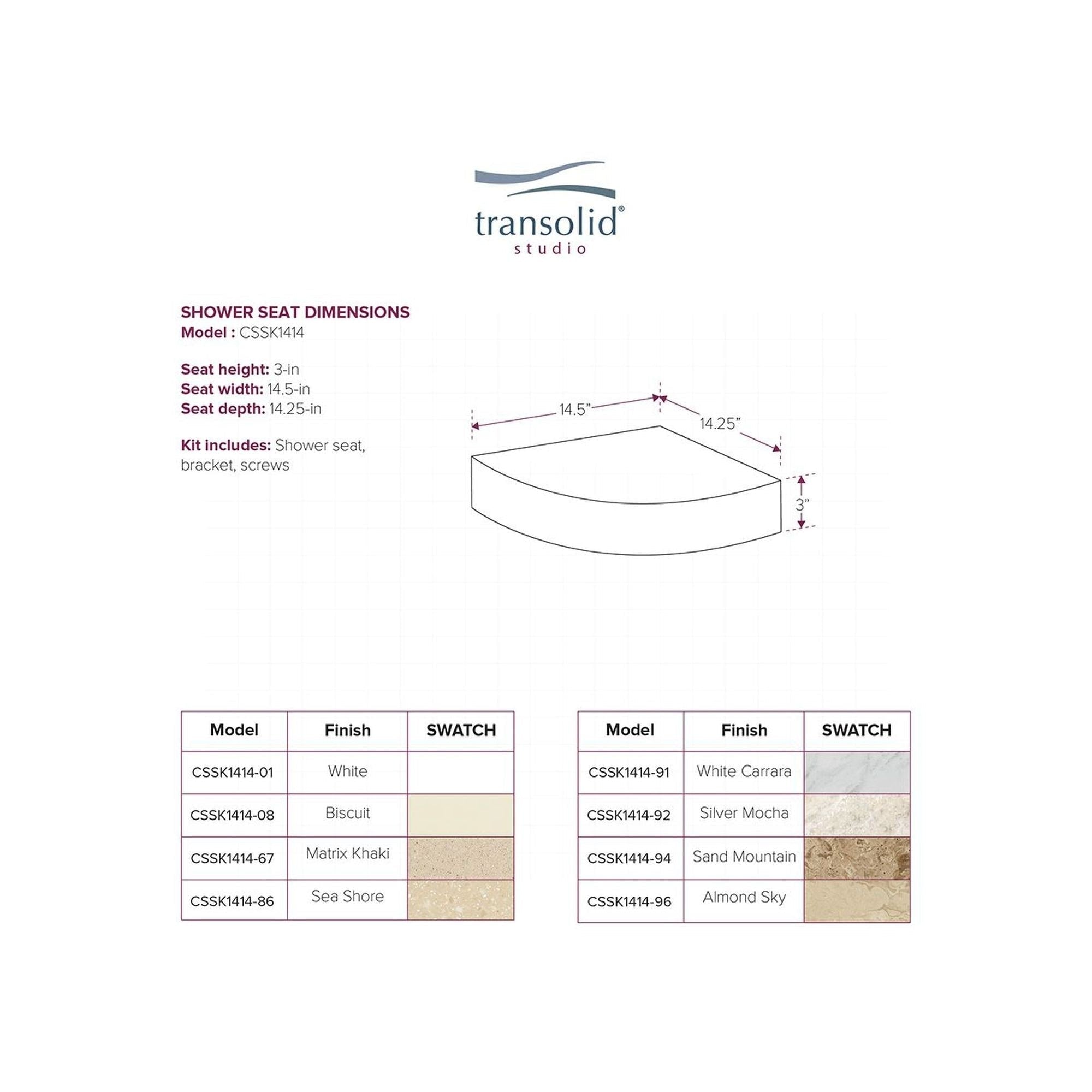Siège de douche d'angle mural en surface solide Transolid Studio 14 po x 14 po - 14,5 x 14,25 x 3