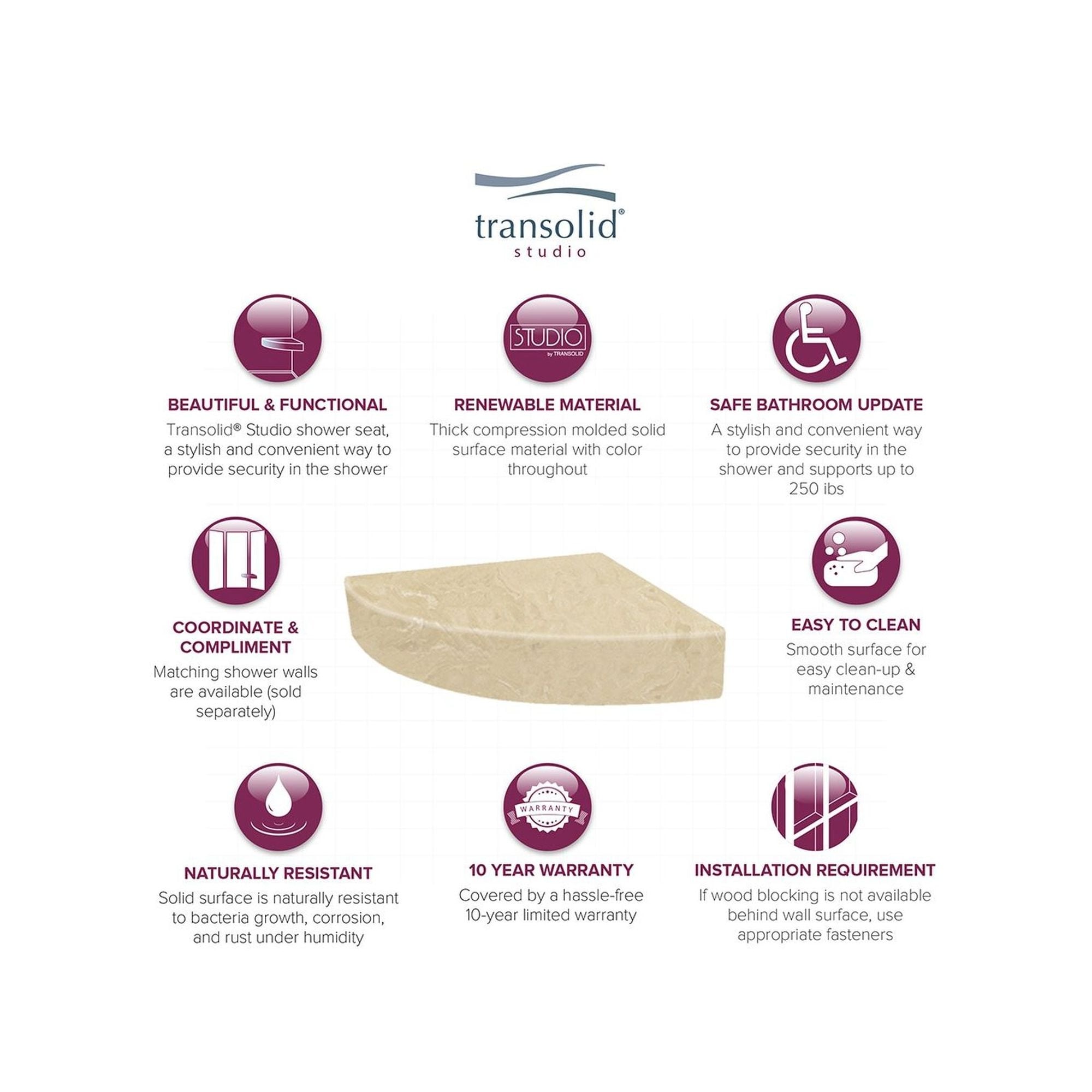 Siège de douche d'angle mural en surface solide Transolid Studio 14 po x 14 po - 14,5 x 14,25 x 3